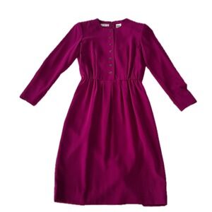 Vintage 80s Magenta Feminine Long Sleeve Belted Midi Dress Womens 8